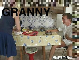 Granny Feed Young Man With Pussy Fucking Breakfast