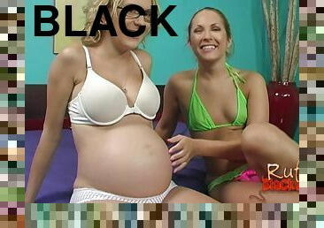 Slutty pregnant blonde cowgirl shares a black cock in a hot interracial ffm threesome