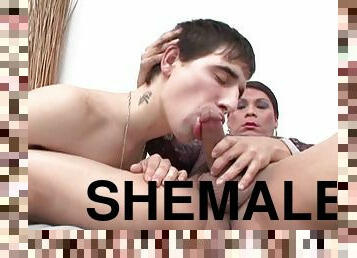 Curvy shemale licking and sucking a stranger's cock