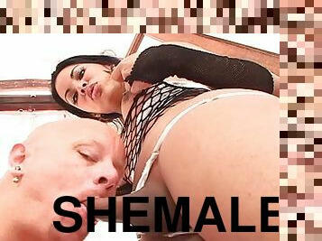 Fishnet-clad shemale with long dark hair licking and sucking a stranger's big cock