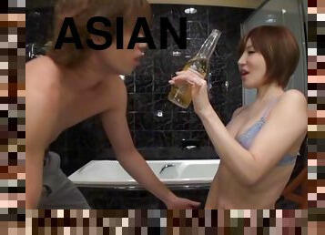 Asian couple likes to have fun before taking a bath