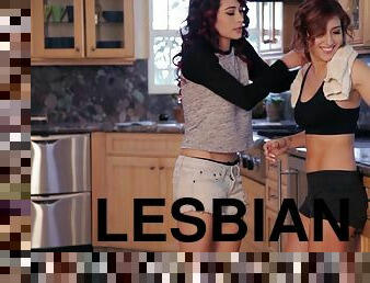 Wonderful lesbian action in the kitchen with two babes in sexy shorts