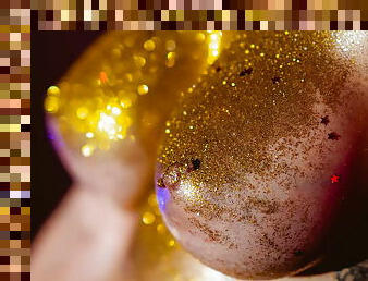 Glitter meets oil and big boobies then a fat dick
