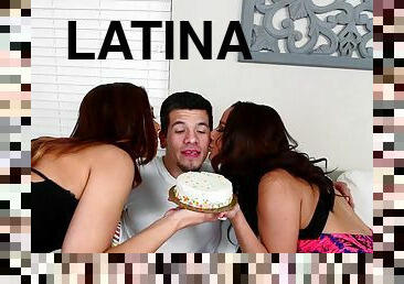 For his birthday these girls give him a cake and a threesome