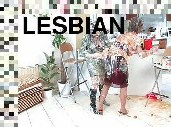 Lesbian sluts in messy clothes show sexy assets