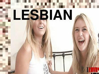 Blonde lesbians with natural tits have fun touching each other nicely