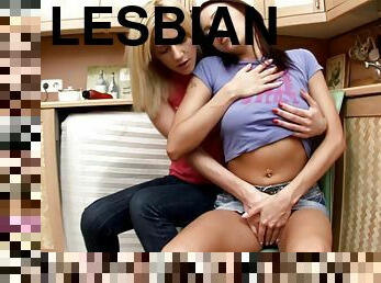 Sexy lesbian babes enjoy fucking hardcore in the kitchen