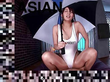 Hardcore POV dick-riding scene with Jessica Kizaki, wearing a swimsuit