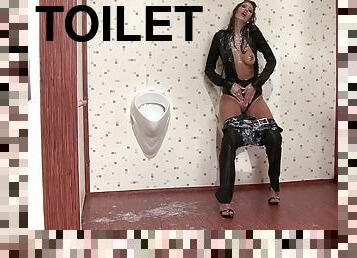 Messy girl gets showered with cum in a toilet gloryhole