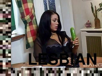 lésbicas, estrela-porno, cozinha, excitante, ação, inserção