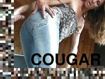 Delightful cougar in jeans giving her guy handjob until the gentleman cums