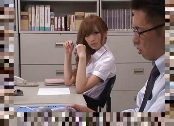 Japanese office girl masturbates with vibrator then gives boss blowjob