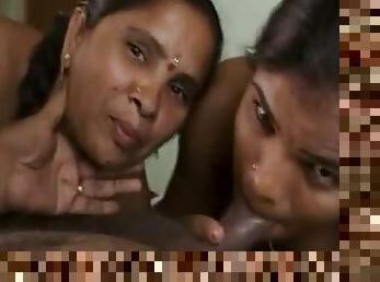 Two busty Indian bitches suck a prick in FFM video