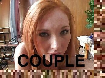 Redhead tart Vixen enjoys 69 oral sex with a fat man