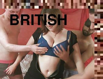 Big tits British slut Laura Lou sucking and getting by three lucky guys