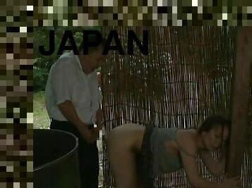 Japanese hottie gets her snatch fucked from behind in a shed