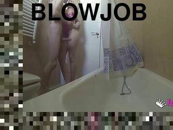 Brunette Ris Dar giving dick blowjob in the washroom