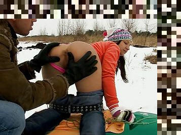 It's a chilly fuck as a couple gets down and dirty out in the snow