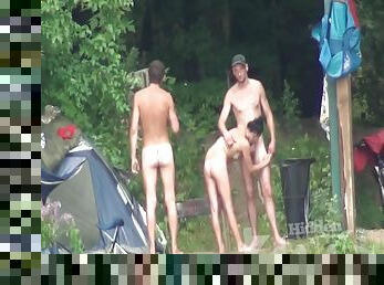 Naked camping with two men and a sexy brunette