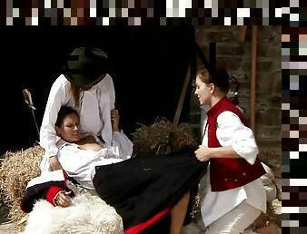 Three girls fuck each other in XVII century dresses