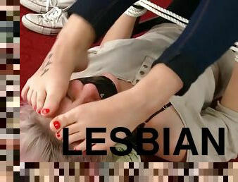 Dirty yellow sock and foot sniffer - lesbian