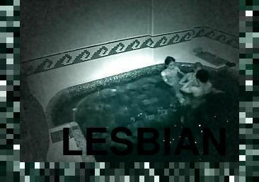 Naughty Lesbian Threesome In The Pool Caught By Security Cam