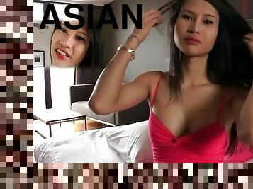 Asian shemale gets hard in stockings