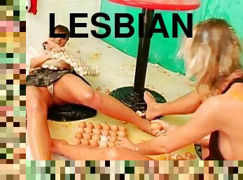 Fascinating ladies spicing up their usual lesbian session with eggs