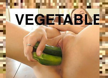 Polka dot panties girl fucking green veggies and getting wet