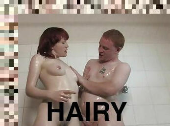 Pale redhead gets her hairy cunt fucked