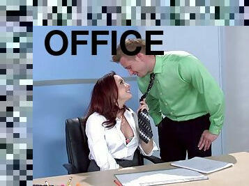 Redhead co-worker in pantyhose gets nasty in the office