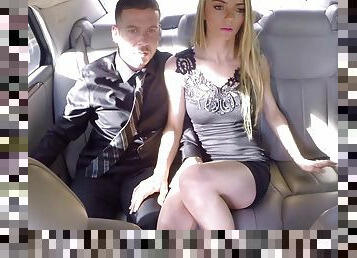 Blonde beauty in a slutty black dress fucked in the car