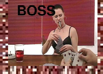 Hot woman boss smokes and fucks with a man