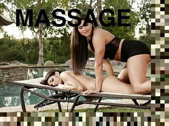 Girl on girl massage by the pool leads to the girls licking pussy