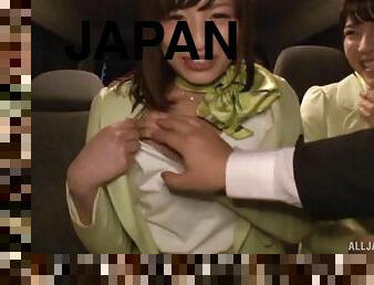 Japanese girls in cute stewardess outfits fuck in public