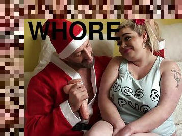 Fat blonde gets treated like a whore by a fake Santa Clause