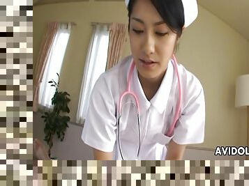 Asian nurse sucking hard on a fat dick pov