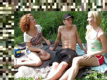 Two guys and a girl go for picnic and end up having a threesome