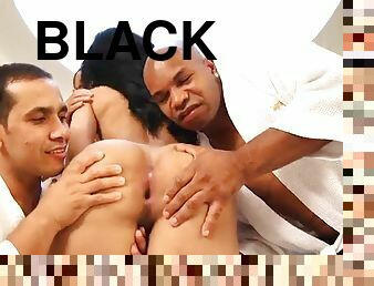 Black haired shemale with a big ass gets fucked by a group of men