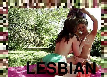 Very pretty girls kiss, strip and fuck during a lesbian picnic