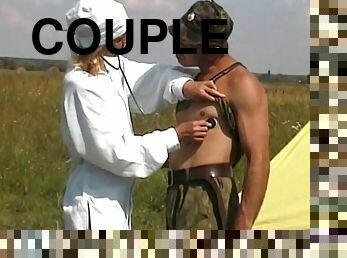 Soldier in a first aid tent gets to put it to sexy field nurse