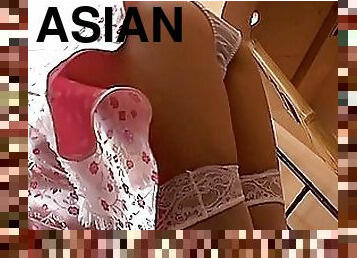 Cute Asian Chick Gives A Handjob While Wearing Stockings