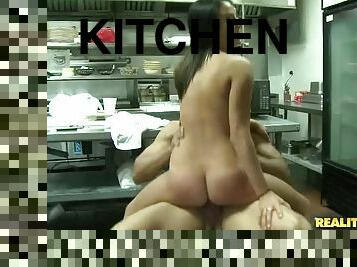 Sexy Latina Babe Gets Fucked In A Restaurants Kitchen By A Big Cock