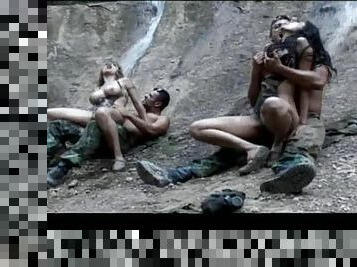 Blonde and Brunette Soldiers Fucking Two Enemies Outdoors