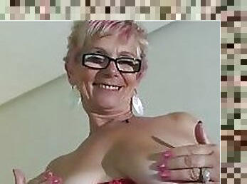 Red Lingerie Wearing Granny Shows Her Big Boobs