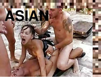 asiatisk, anal, gruppesex, tøs, i-ansigtet, bukkake