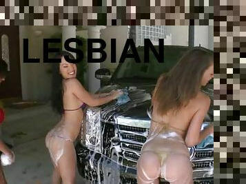 Four Babes Washing a Big Truck End Up In a Hot Lesbian Orgy