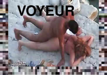 BBW Voyeur Redhead Gets Her Shaved Pussy Eaten and Fucked on a Beach