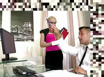 Randy blonde gets DP fucked after sucking cock in the office