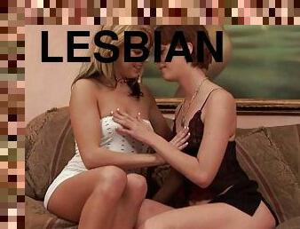 Blond and brunette lesbians licking and fingering each other's pussy